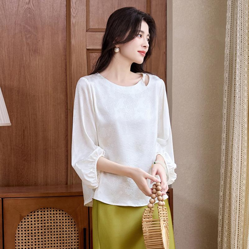 Summer stretch mulberry band silk jacquard shirt women's top mulberry silk shirt