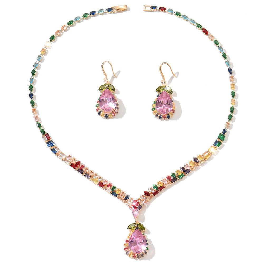 2026  Set Retro Light Luxury Zircon Water Drop Ear Hook Necklace European and American Fashion Temperament High-end Jewelry Set Necklace Women