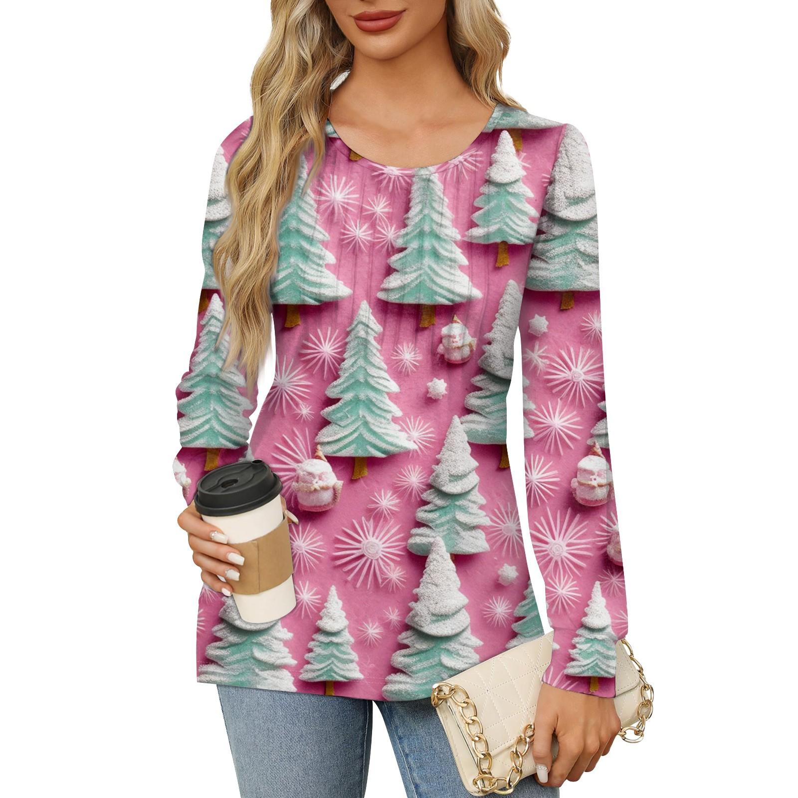 

Рубашки с длинным рукавом для женщин Милые принты Графические футболки Блузки Нарядные повседневные блузки Плиссированные туники с круглым вырезом Топы Рождество XL
