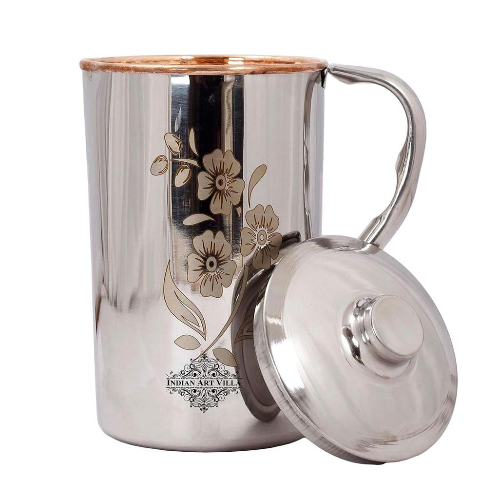 Steel Copper Floral Design Jug Pitcher with Lid, Storage & Serving Water, Beneficial for Health, Volume-1500 ML