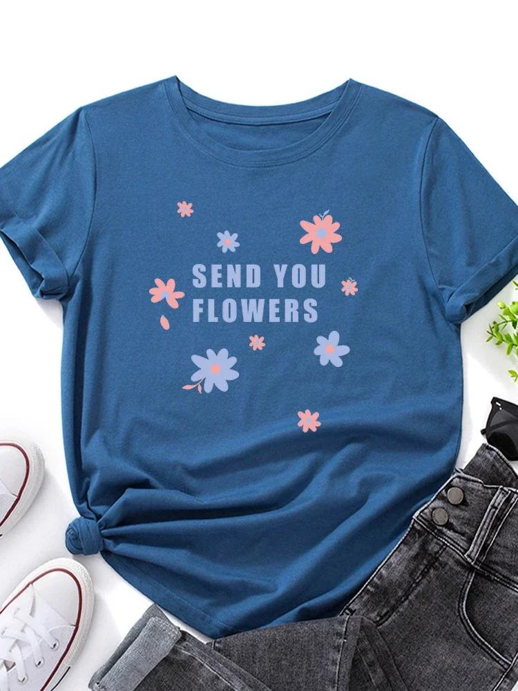 SEND YOU FLOWERS Print T Shirt Women Short Sleeve O Neck Loose Tshirt Summer Women Tee Shirt Tops Camisetas Mujer