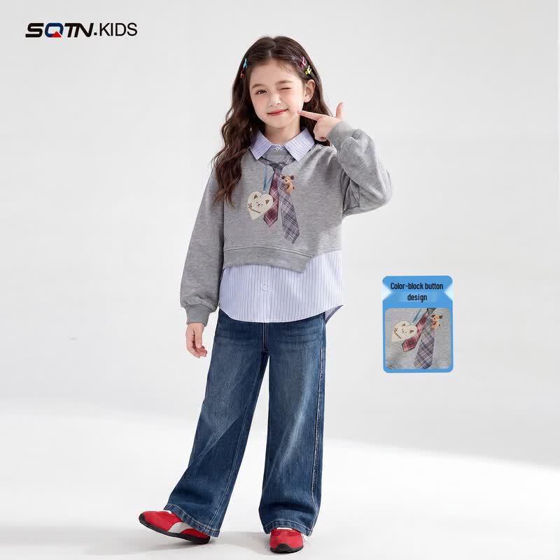 Girls College Style Fake Two-Piece Sweatshirt S