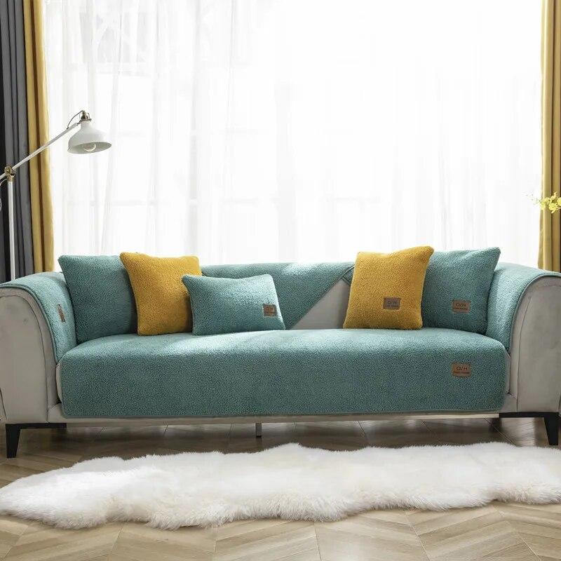 Modern Winter Solid Color Thicken Lambswool Quilted Sofa Cover Soft Plush Sofa Towel Anti-slip Couch Covers For Living Room
