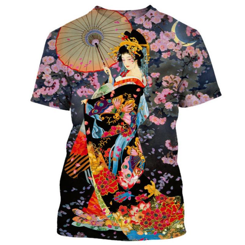 Japanese Geisha Samurai Men's T Shirt Casual Round Neck Short Sleeve Tees Fashion Trend Harajuku Pullover Oversized Hip Hop Tops