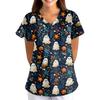 Damen Halloween Print V-Ausschnitt Kurzarm Kasack mit Taschen Lockerer Schnitt