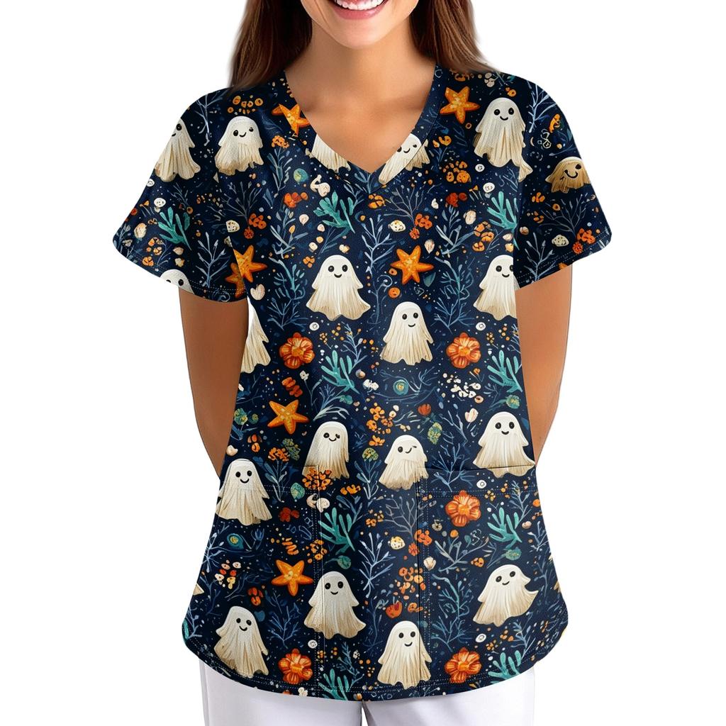 Damen Halloween Print V-Ausschnitt Kurzarm Kasack mit Taschen Lockerer Schnitt