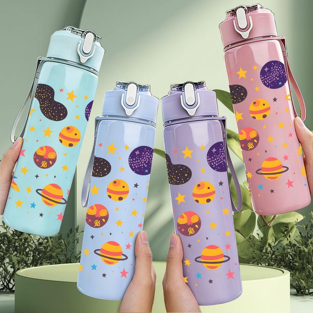 1PC Colorful Planet Space Doodle Print 750ml Color Plastic Sports Water Bottle Leakproof Flip Straw Lid Suitable for Sports Office Home Use