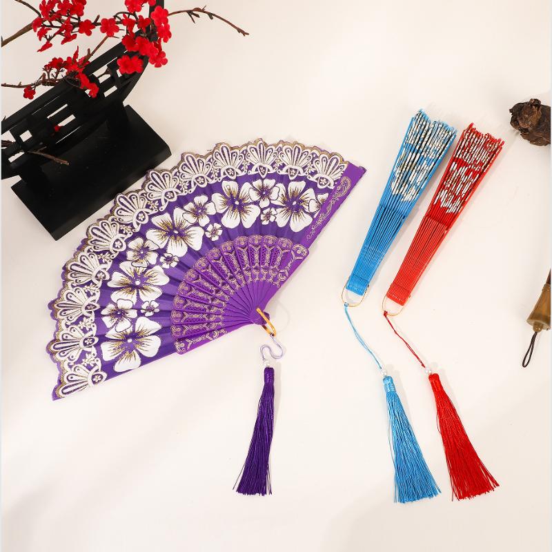 Chinese-Style Flowers Folding Fan For Performances & Hanfu Photos With Elegant Floral & Pearl Tassels Design Festive Decor