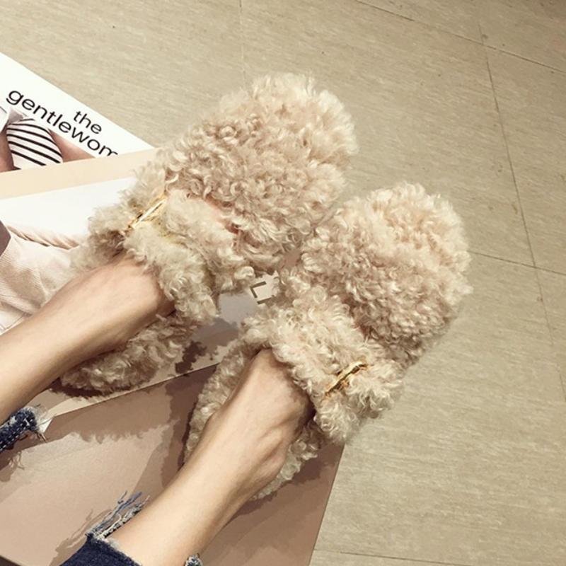 Fashion Celebrity Curly lamb wool flats woman metal buckle band furry mary janes ladies winter shoes plush loafers sheep fur moccasins
