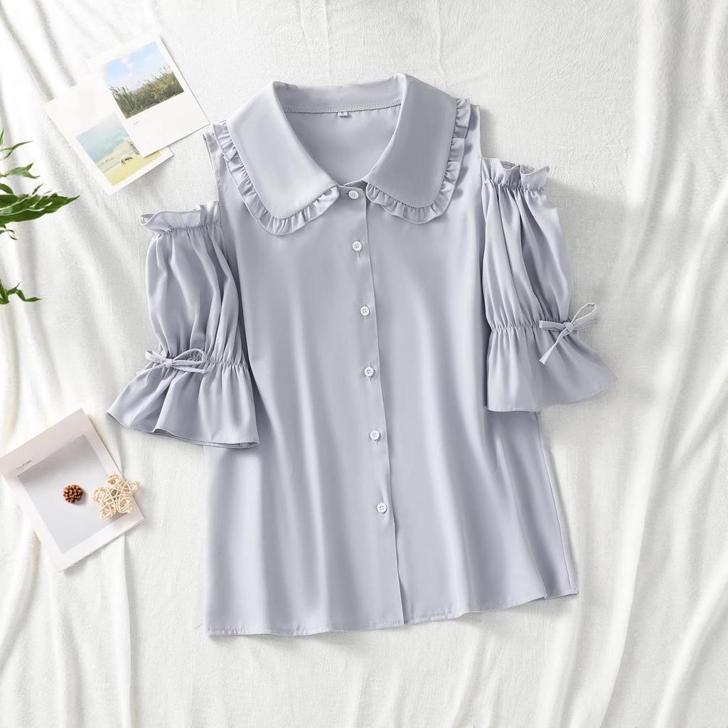 Versatile Ruffle Doll Collar Blouse - Women's Short-Sleeve, Pleated, Loose Fit, Solid Color