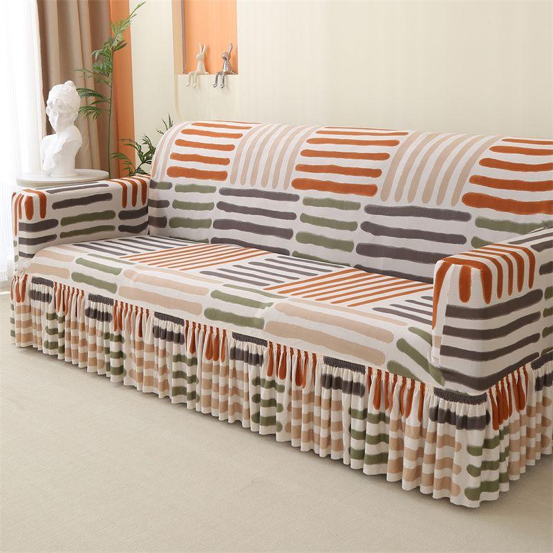 Geometric Elastic Sofa Cover with Skirt Fits Single To Four-Person Sofas Sofa Protection Cover|Elegant Home Accessory|Ruffled Edge Detail