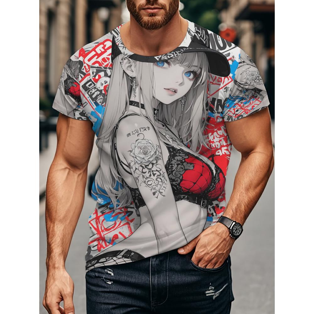 Men s digital printed t-shirt featuring an anime girl image with graffiti art, stylish casual streetwear S амарилло