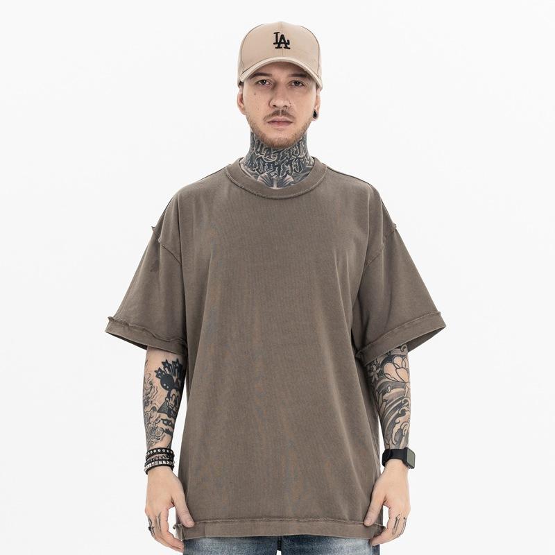 Men's Spring Summer Washed Top Loose Casual Solid Short Sleeve Crew Neck T-shirt