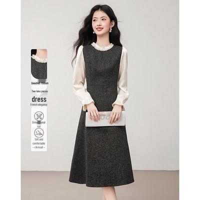 Beaded Ribbon Faux Two-Piece Dress
