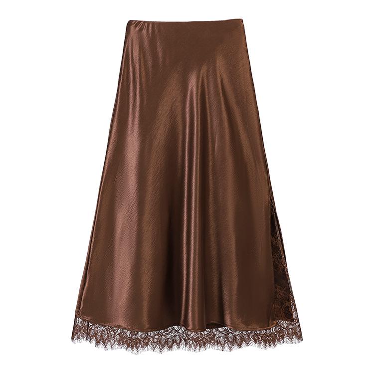 Fei Yuan Women's Satin A-line Drape Skirt, Lace-lined, Solid Color, Early Spring 2026 Fashion Arrival