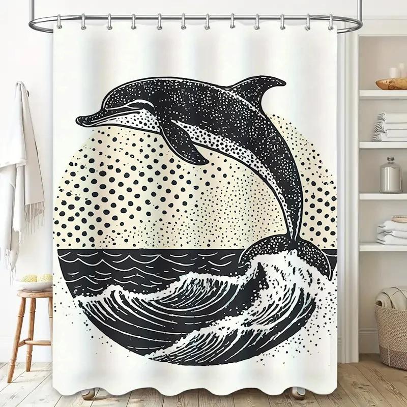 Black White Whale Print Shower Curtain Bathroom Decor, Modern Waterproof Fabric for Home Bath Tubs
