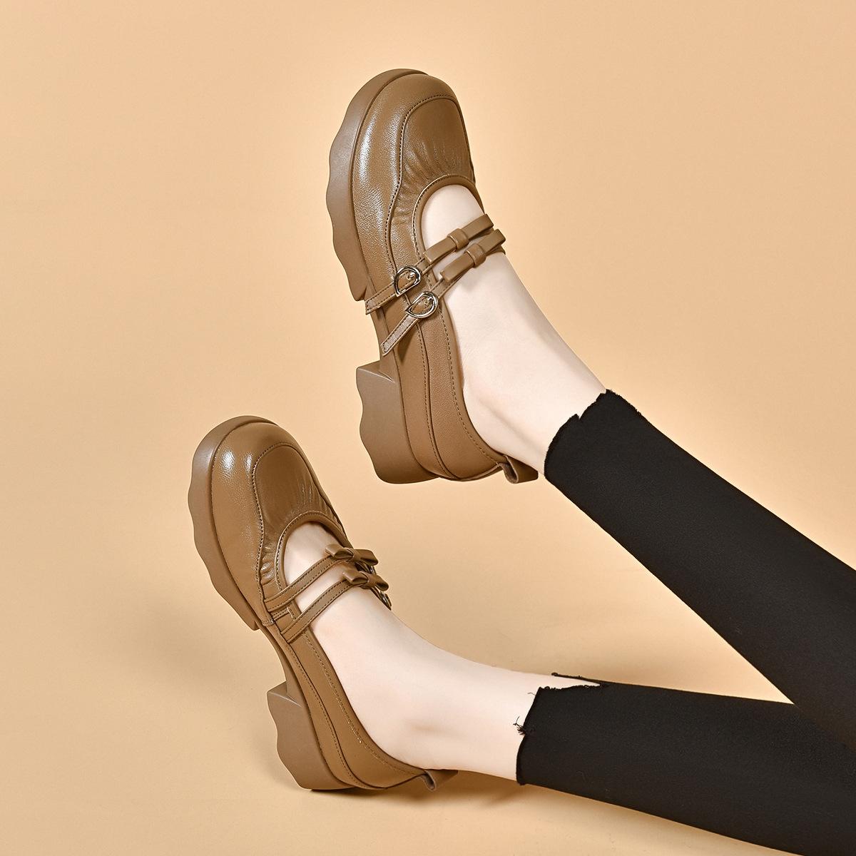 

Туфли Мэри Джейн с круглым носком женские двухбортные с бантом с мелким вырезом плоские туфли на одной педали 40 темные хаки