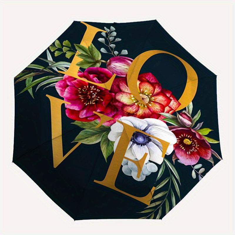 1pc Floral Love Print Automatic Open/Close Umbrella, Portable Folding umbrella for Everyday Use yy250826013