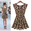 European & American Leopard Print Sexy Club Dress - Casual Short Sleeve, Round Neck, Pleated Princess Style for Women