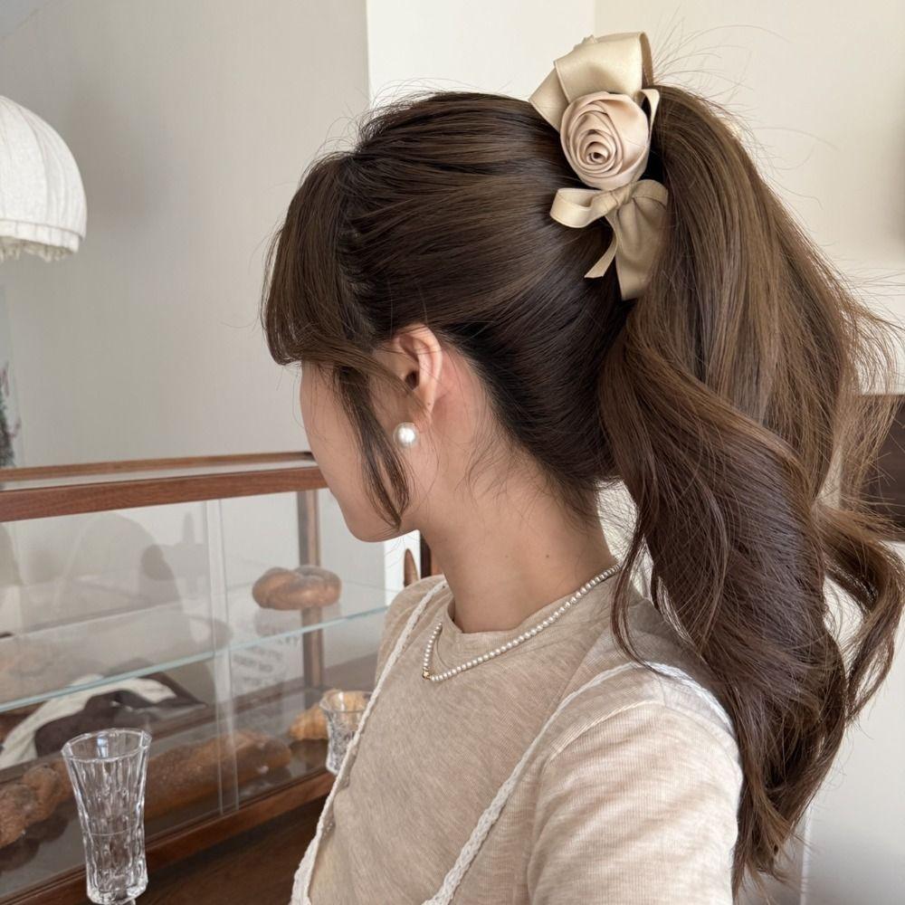 Jaw Clip Style Rose Hair Clip Satin Ribbon Ponytail Hair Claw Retro Rose Banana Clip For Women