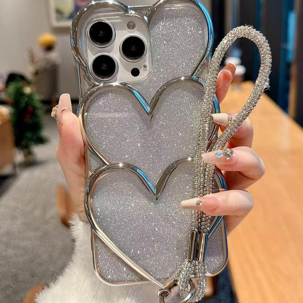 Silber galvanisierte Liebesherz-Ketten-Handyhülle für iPhone 13 Pro Max & 11