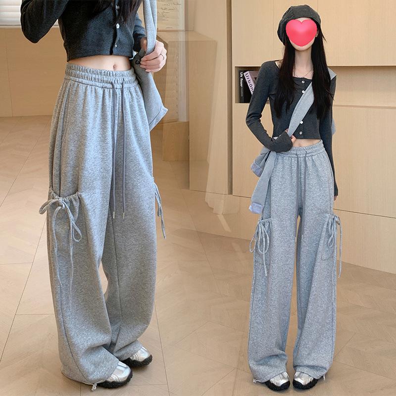 Pink Bow Lace Wide-Leg Women s High-Waisted Slimming Sweatpants for Spring/Autumn 2026 L серый