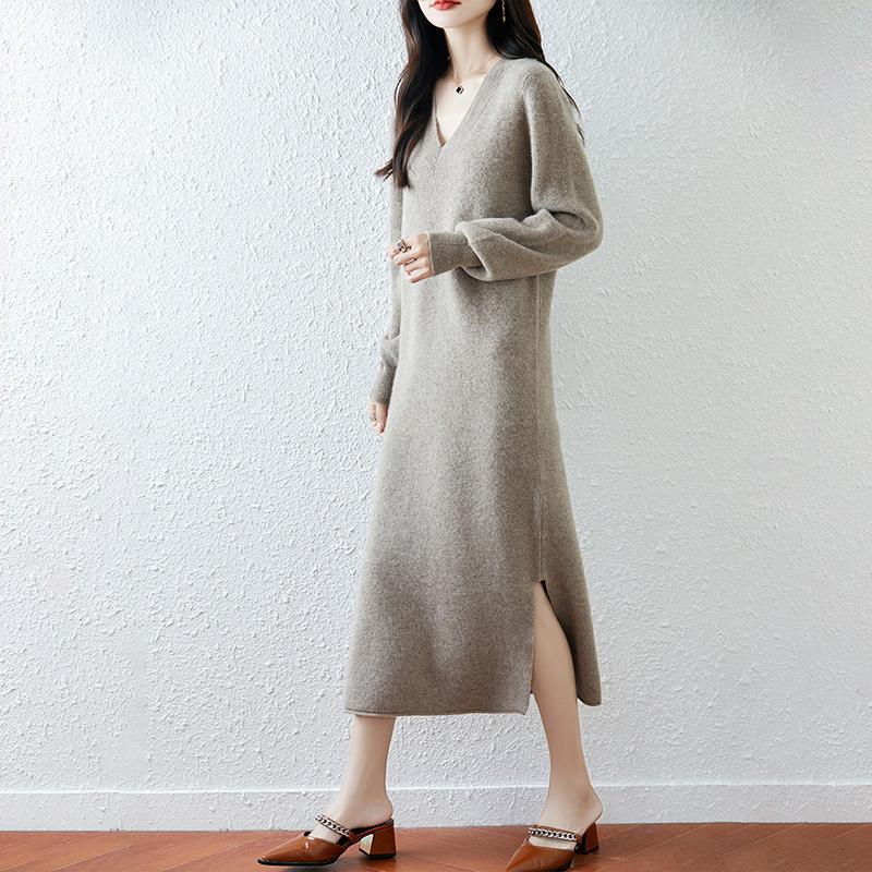 Women Sweater Dress 100% Wool MODERN NEW SAGA V-neck Knit Long Pullover Winter Jumpers Wool Long Dress Female