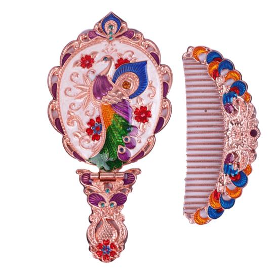 Vintage Folding Hand Mirror with Carved Comb Portable Travel Long Handle Metal Makeup Mirror Women Decorative Handheld Desk Vanity Mirror
