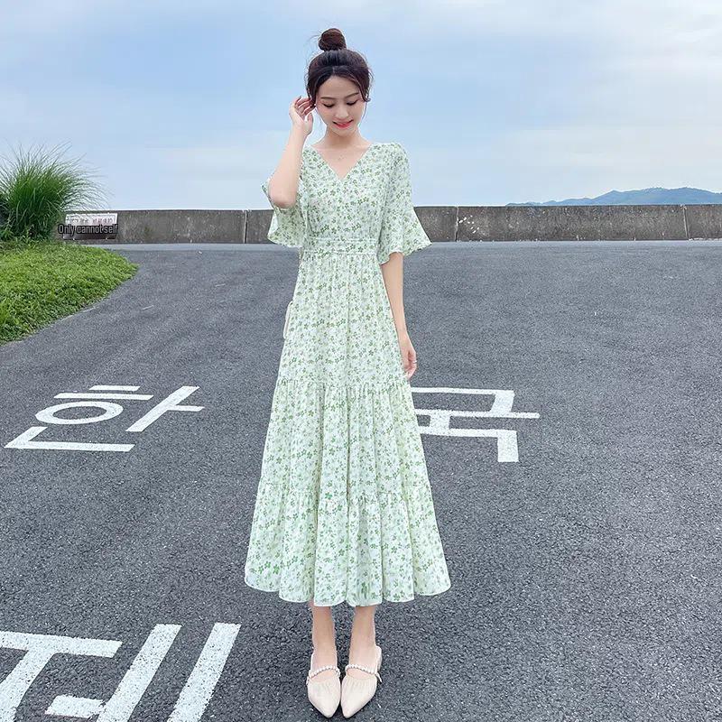 Women's Summer 2024 Floral French Retro Chiffon Long Dress - Over-the-Knee Cake Skirt