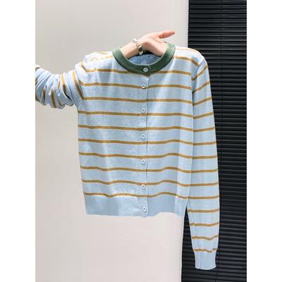 Contrasting Color Crew Neck Striped Knitted Cardigan Women's Spring and Autumn New Casual Versatile Top Long-sleeved Sweater Jacket
