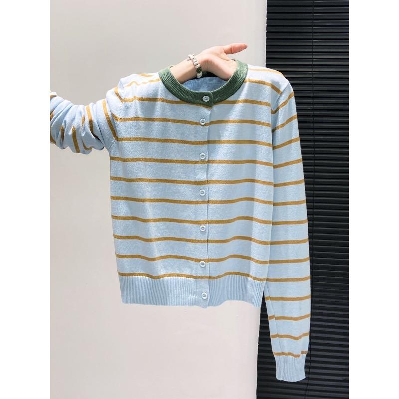 Single-breasted Contrasting Striped Knitted Cardigan Women's Spring and Autumn Loose and Thin Versatile Sweater Jacket Top
