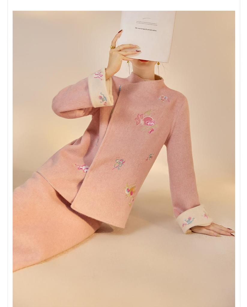 New Chinese Embroidered Wool Coat & Skirt Set - Women's NY027