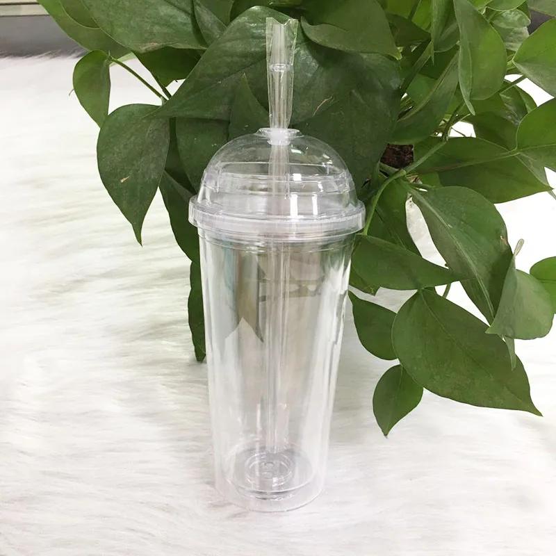 20oz Milk Tumbler with Dome Lids Double Wall Plastic Drink Cups With Straw Reusable Clear Water Bottle Transparent Fruit Cup