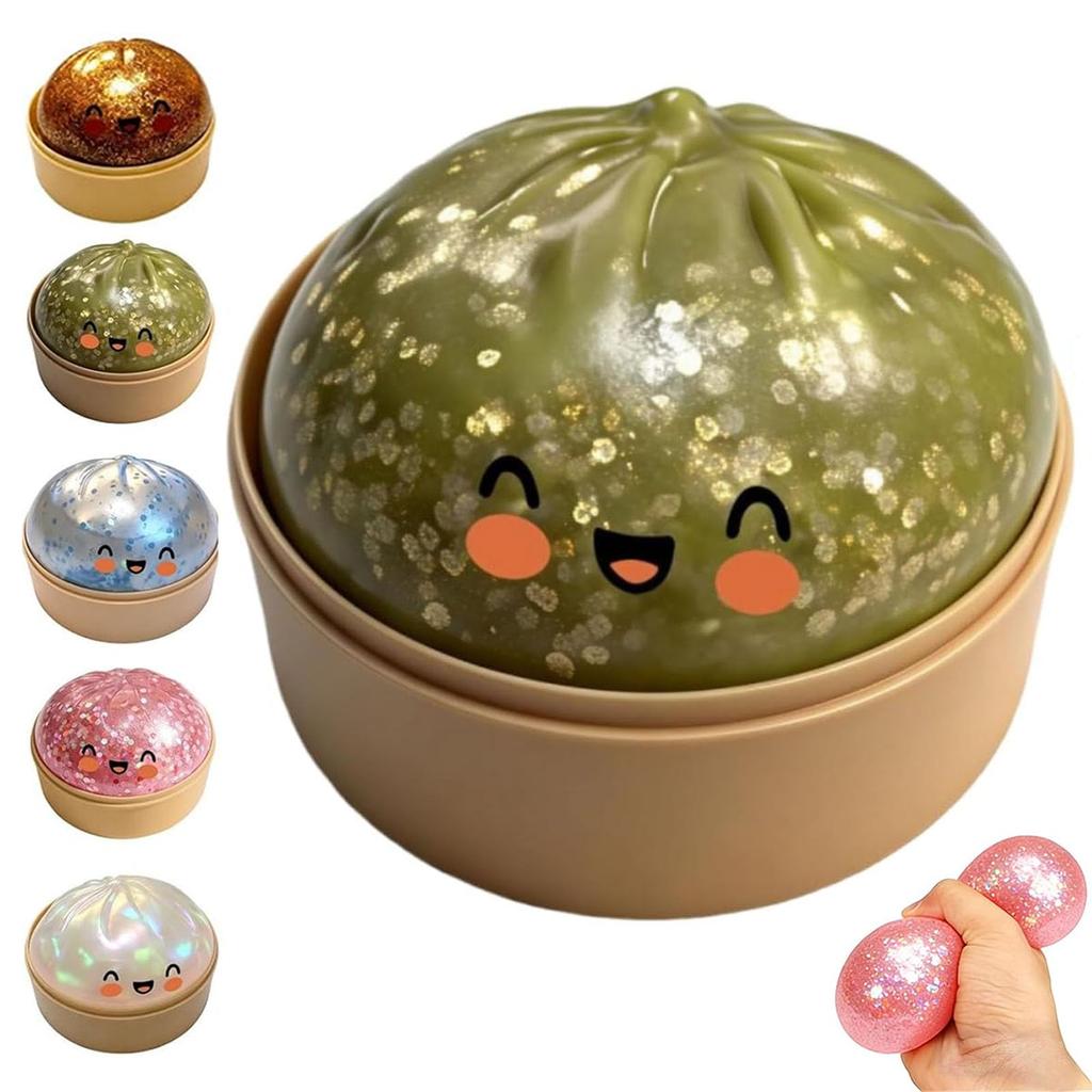 Glitter Dumpling Squishy with Steamer Box, Stress Relief Squeeze Fidget Toy, Glitter Mystery Dumpling Relaxation Toy for Adults, 5 Color Options