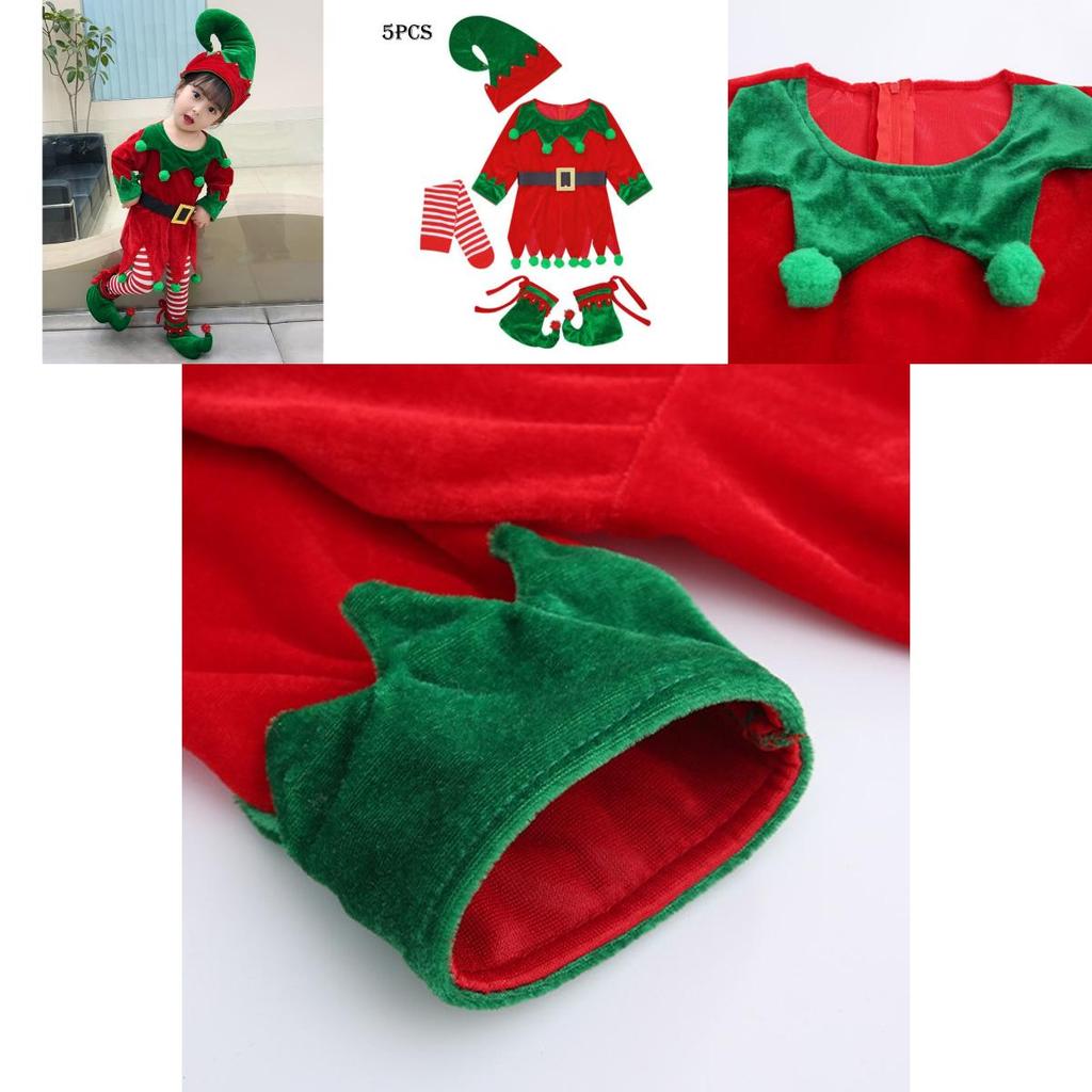 Velvet Boys Girls Christmas Elf Outfit Xmas Party Cosplay Set