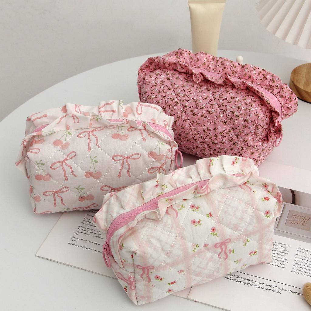 Lace Bow Cosmetic Bag Student Ribbon Quilted Pencil Bag Portable Toiletries Bag Liner Bag
