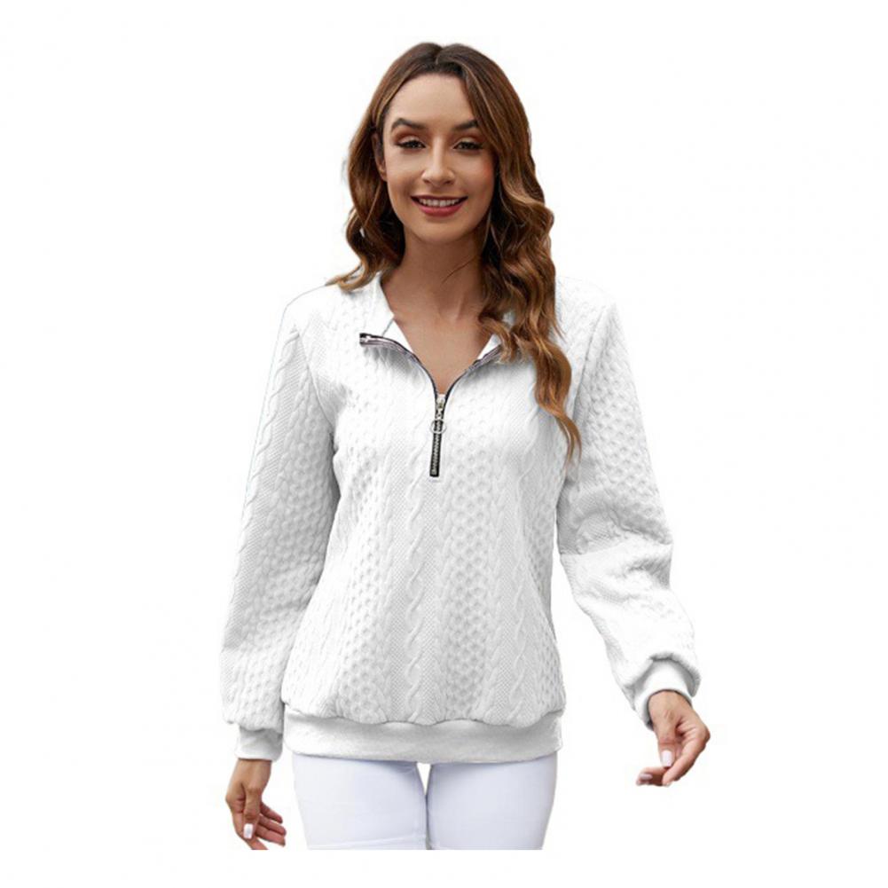 Fall Winter Women Sweatshirt Zipper Turn-down Collar Solid Color Long Sleeve Loose Twisted Texture Thick Warm Pullover Casual La