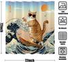 Funny Cat Shower Curtain Set Great Wave Art Style Relaxing Feline Waterproof Bathroom Shower Curtain Japanese Scene Home