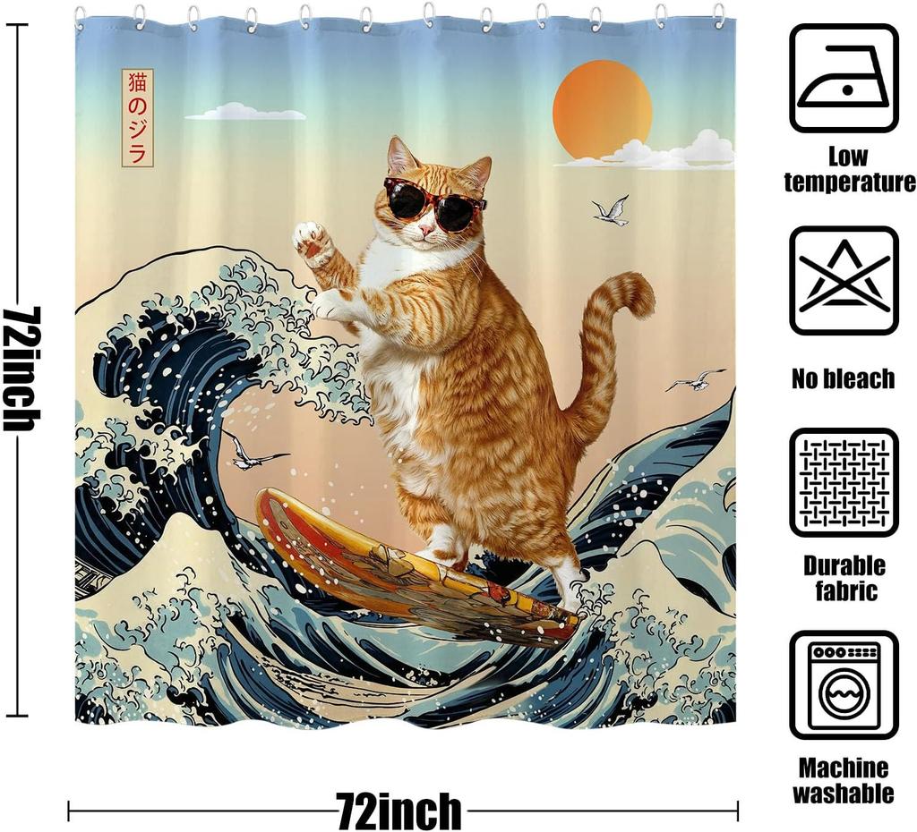 Funny Cat Shower Curtain Set Great Wave Art Style Relaxing Feline Waterproof Bathroom Shower Curtain Japanese Scene Home