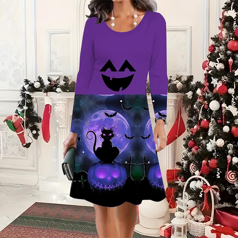 2025 Autumn & Winter Women's New Casual Crew Neck Dress 3D Halloween Pattern Ideal Halloween Christmas Gift
