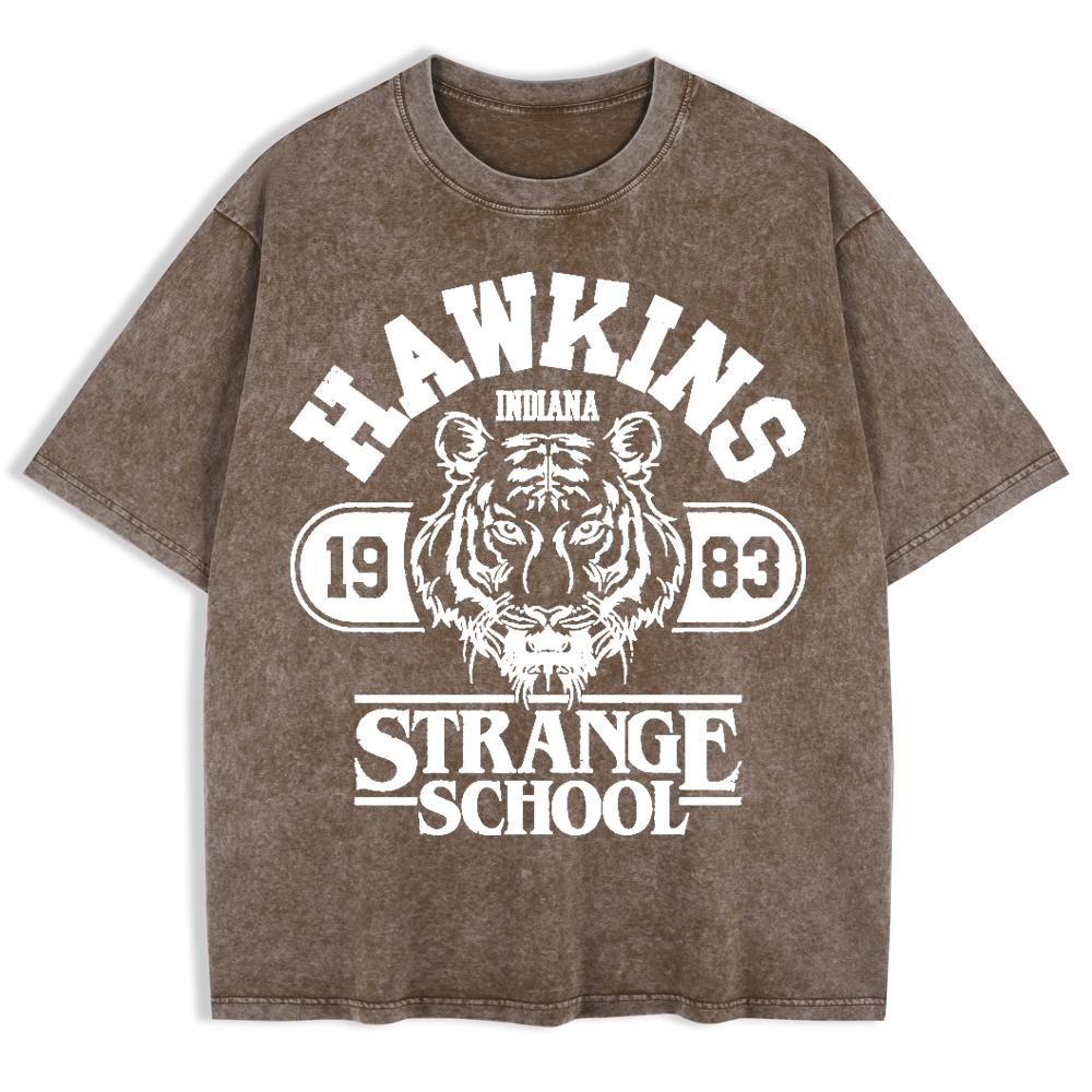 Hawkins Strange School Prints Washed T-Shirts Mens Cotton Short Sleeve Tops Summer O-Neck Oversize T Shirt Clothes