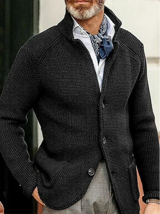 Men's Casual Long Sleeve Solid Color Knitted Cardigan - European & American Fashion