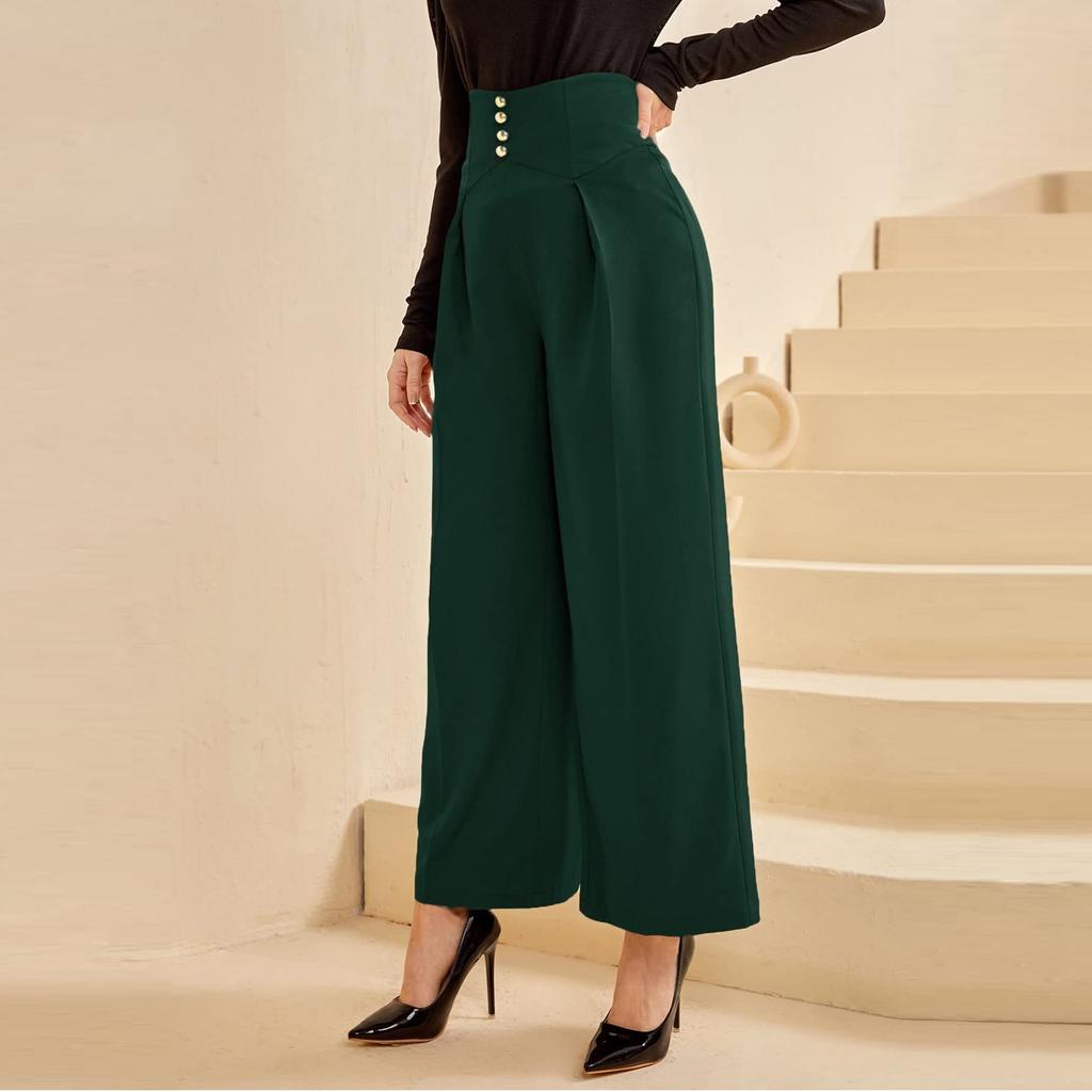 Women  Elastic High Waist Pant Casual Active  Fit Wide Leg Long Pants Trousers With Pockets