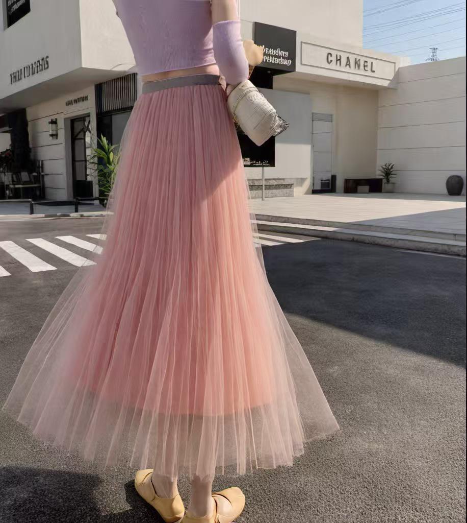 Apricot Irregular Mesh Fishtail Midi Skirt - European Style Elastic High Waist Pleated Fairy Skirt for Women, Spring/Summer