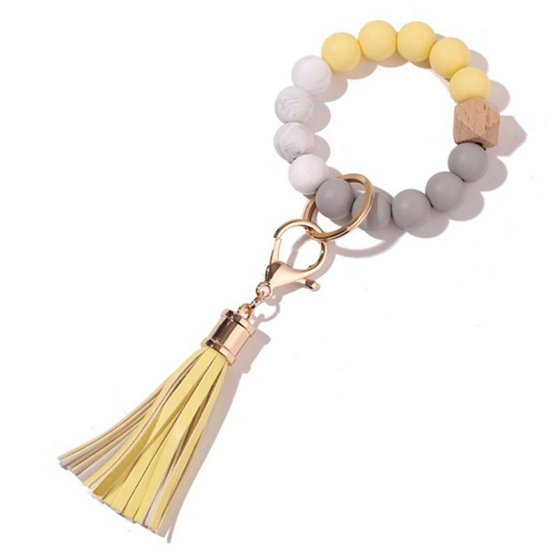 Stock Silicone Beads Elastic Bangle Bracelet Keychain Leather Tassel Silicone Beads Bracelet Wristlet Keychain for Women