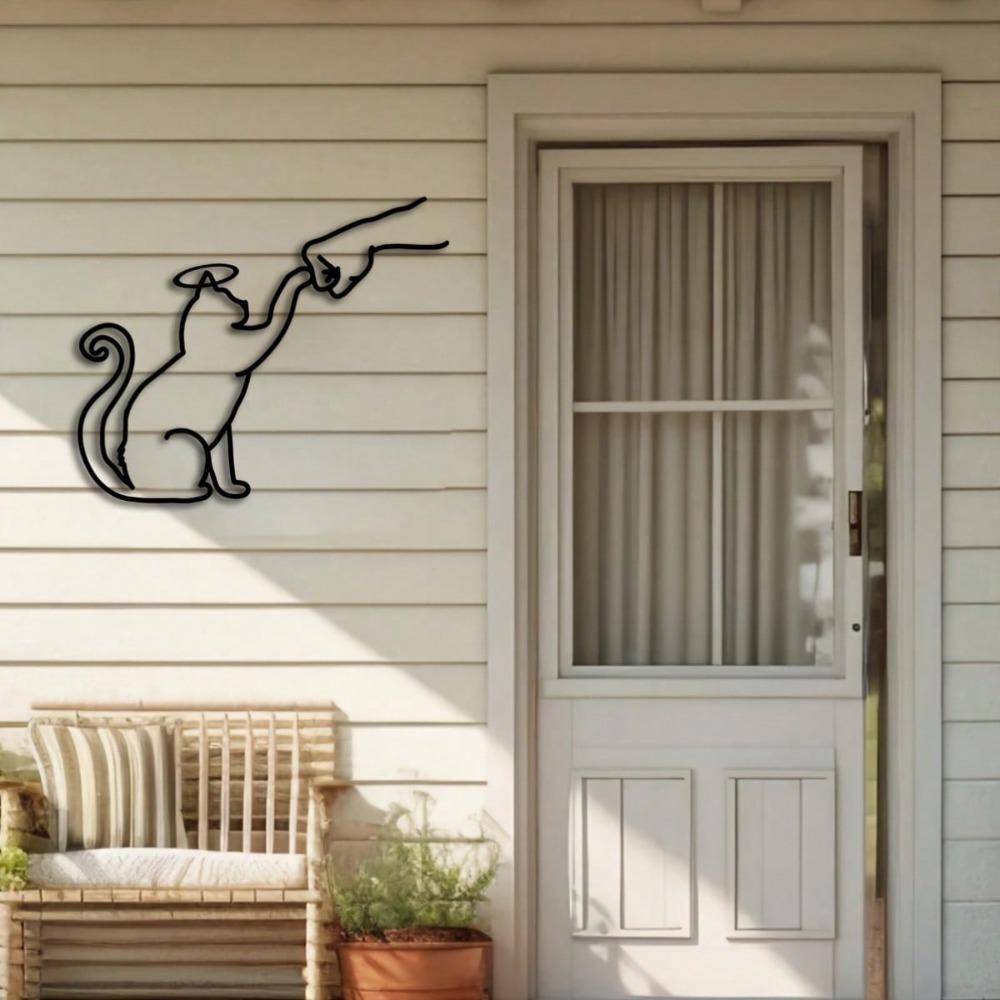 Modern Metal Cat and Hand Wall Art with Angel Cat Sculpture Indoor Outdoor Decor
