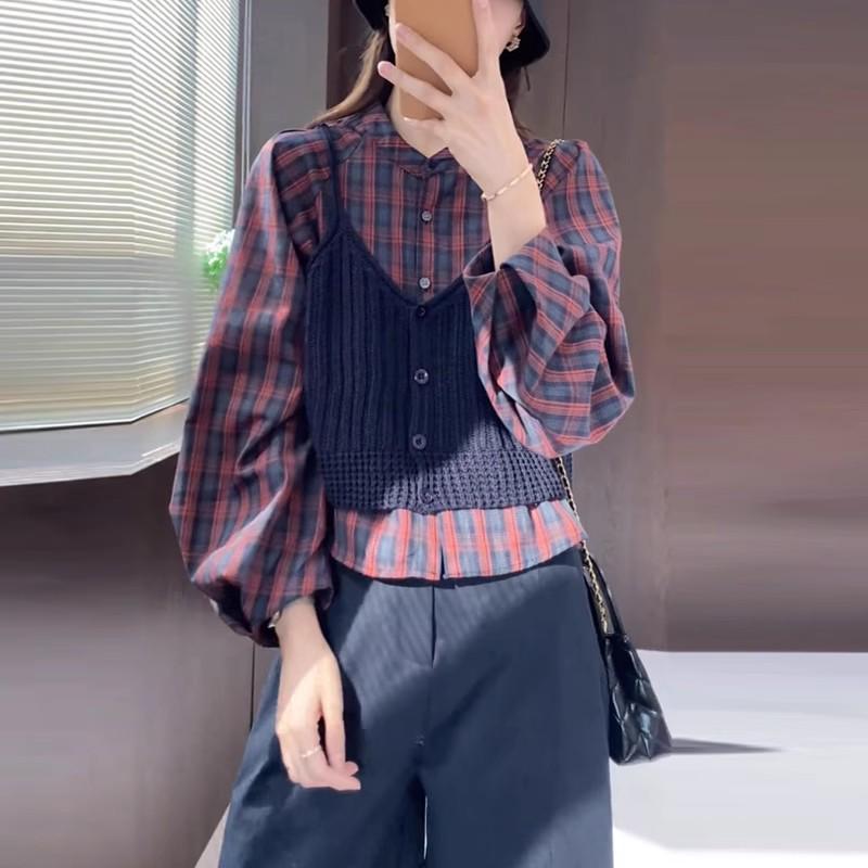 Корейский шикарный набор: клетчатая рубашка и вязаный топ-майка - Женская мода Осень 2025 L