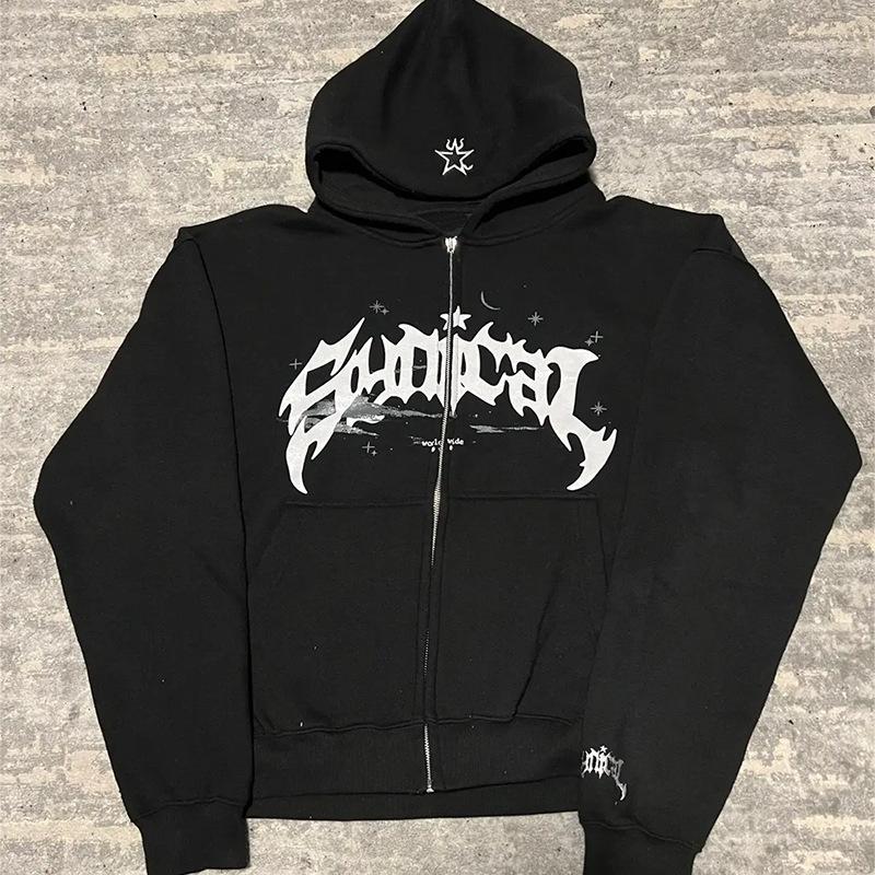 

Y2K autumn and winter hip-hop letter printed men s and women s street casual zipper long sleeved hooded sweatshirt L чёрный