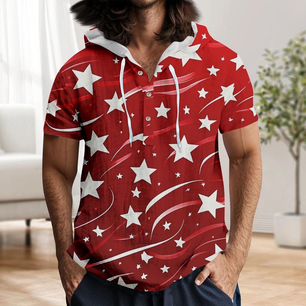 Herre Casual Kortermet Hettegenser T-skjorte med Knapper og Åpen Hals