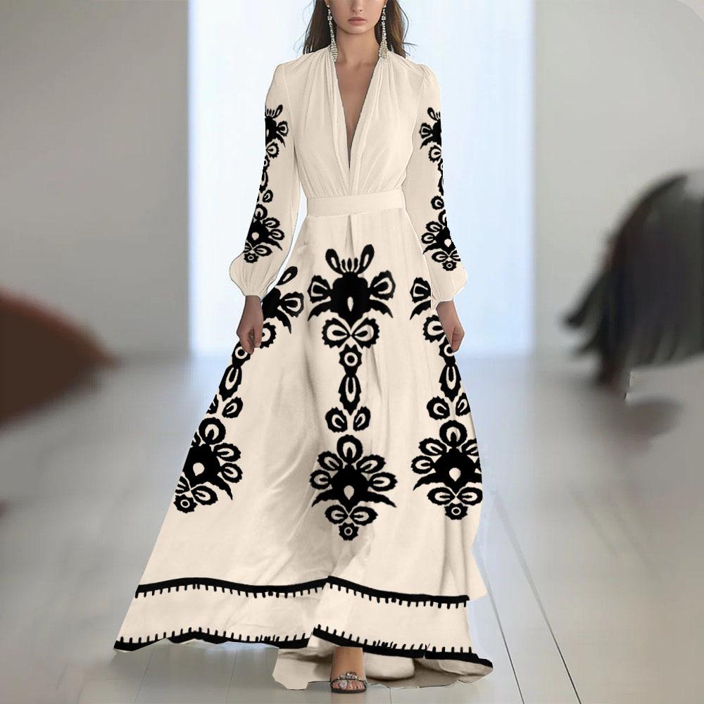 Floral Print V-Neck Midi Dress with Belt, Elegant Boho Style Women's Dress